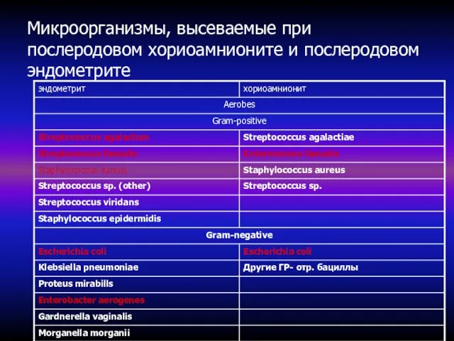 Микроорганизмы, высеваемые при послеродовом хориоамнионите и послеродовом эндометрите