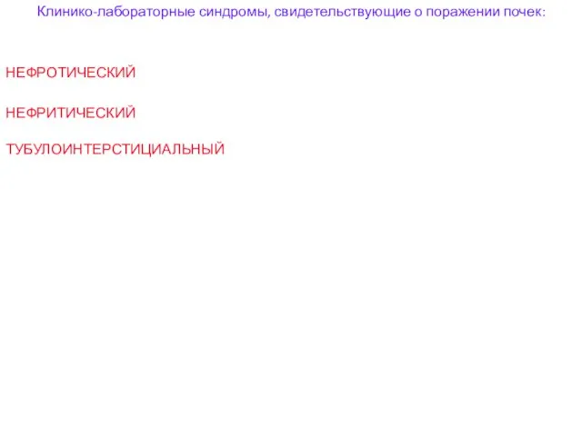 Клинико-лабораторные синдромы, свидетельствующие о поражении почек: НЕФРОТИЧЕСКИЙ НЕФРИТИЧЕСКИЙ ТУБУЛОИНТЕРСТИЦИАЛЬНЫЙ