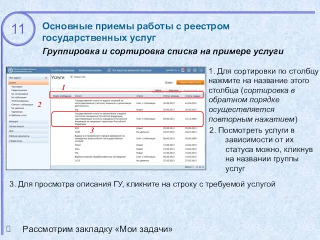 Основные приемы работы с реестром государственных услуг Группировка и сортировка списка