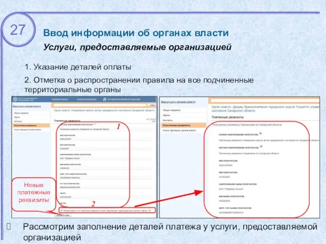 Рассмотрим заполнение деталей платежа у услуги, предоставляемой организацией Ввод информации об