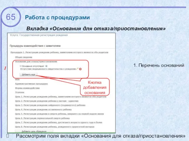 1 Вкладка «Основания для отказа/приостановления» 1. Перечень оснований Рассмотрим поля вкладки