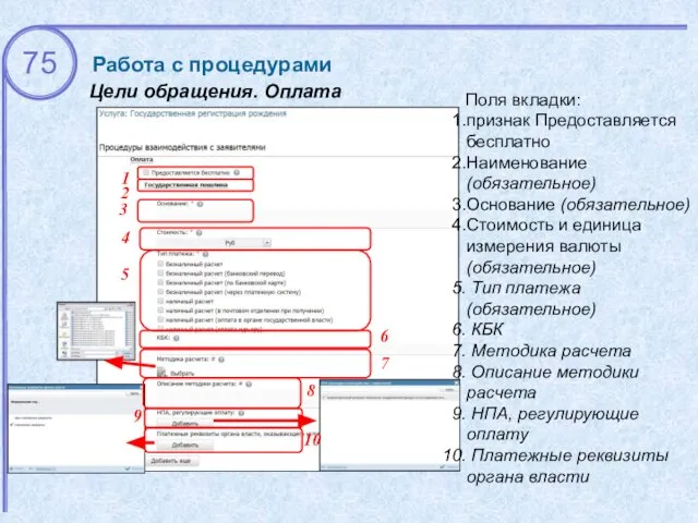 Цели обращения. Оплата Работа с процедурами 1 2 Поля вкладки: признак