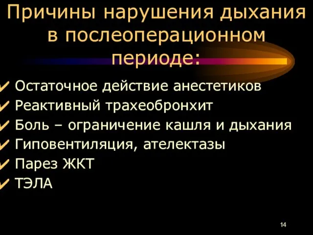 Причины нарушения дыхания в послеоперационном периоде: Остаточное действие анестетиков Реактивный трахеобронхит