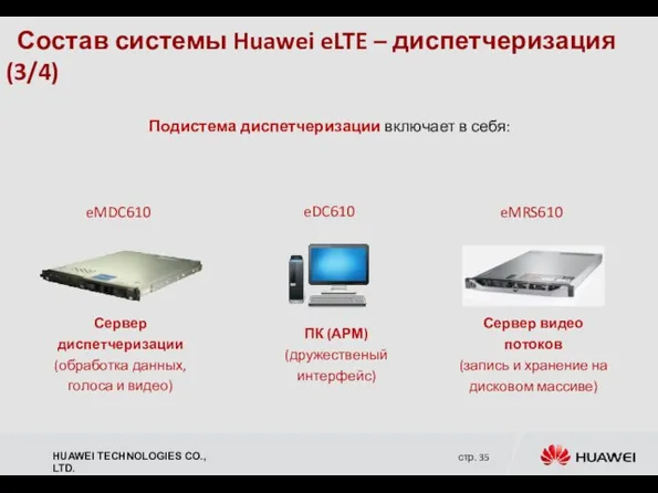 Состав системы Huawei eLTE – диспетчеризация (3/4) Подистема диспетчеризации включает в