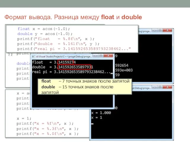 Формат вывода. Разница между float и double printf("1000*pi =\n\n"); float x