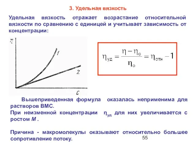 3. Удельная вязкость Удельная вязкость отражает возрастание относительной вязкости по сравнению