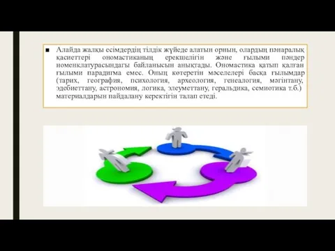 Алайда жалқы есімдердің тілдік жүйеде алатын орнын, олардың пәнаралық қасиеттері ономастиканың