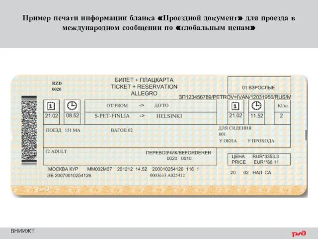 ВНИИЖТ Пример печати информации бланка «Проездной документ» для проезда в международном сообщении по «глобальным ценам»