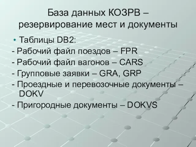 База данных КОЗРВ – резервирование мест и документы Таблицы DB2: -