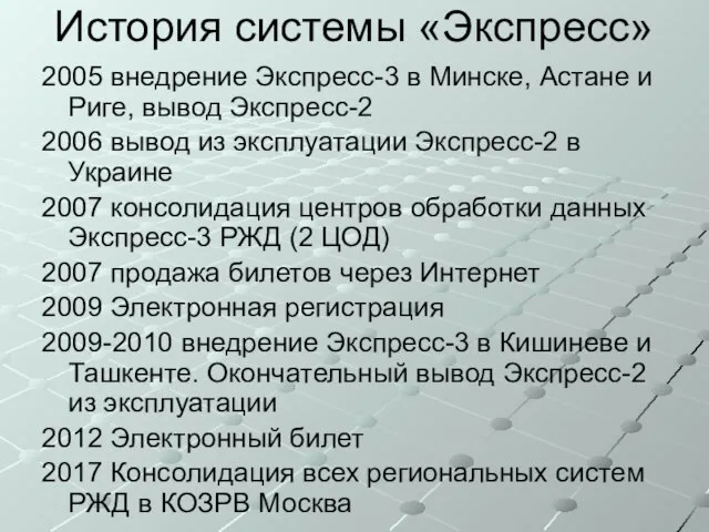 История системы «Экспресс» 2005 внедрение Экспресс-3 в Минске, Астане и Риге,