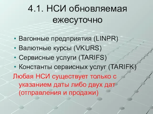 4.1. НСИ обновляемая ежесуточно Вагонные предприятия (LINPR) Валютные курсы (VKURS) Сервисные