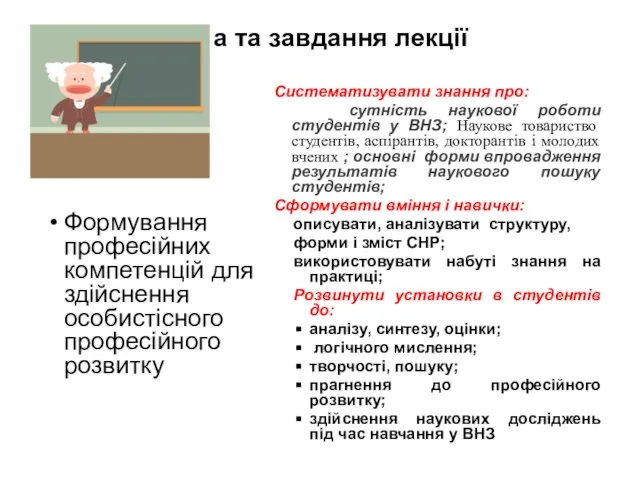 Формування професійних компетенцій для здійснення особистісного професійного розвитку Систематизувати знання про: