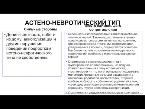 АСТЕНО-НЕВРОТИЧЕСКИЙ ТИП Сильные стороны Делинквентность, побеги из дому, алкоголизация и другие