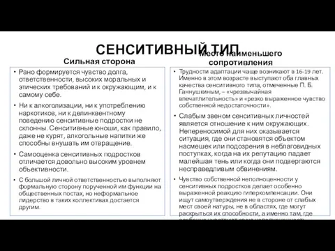 СЕНСИТИВНЫЙ ТИП Сильная сторона Рано формируется чувство долга, ответственности, высоких моральных