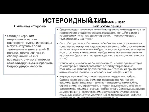 ИСТЕРОИДНЫЙ ТИП Сильная сторона Обладая хорошим интуитивным чутьем настроения группы, истероиды