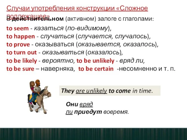 Случаи употребления конструкции «Сложное подлежащее» В действительном (активном) залоге с глаголами: