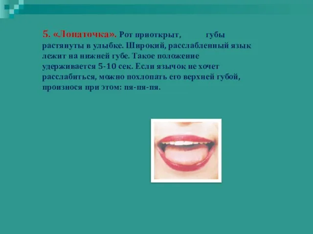 5. «Лопаточка». Рот приоткрыт, губы растянуты в улыбке. Широкий, расслабленный язык