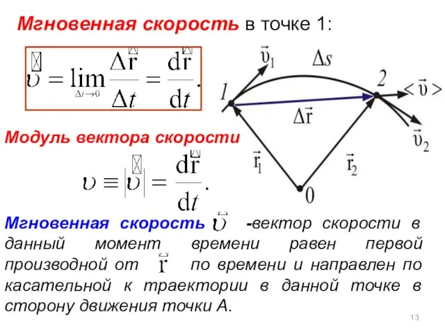 Мгновенная скорость -вектор скорости в данный момент времени равен первой производной