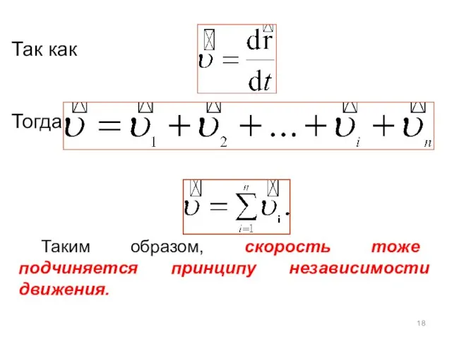 Так как Тогда Таким образом, скорость тоже подчиняется принципу независимости движения.