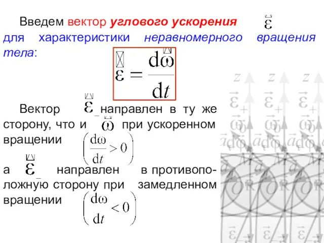 Введем вектор углового ускорения для характеристики неравномерного вращения тела: Вектор направлен