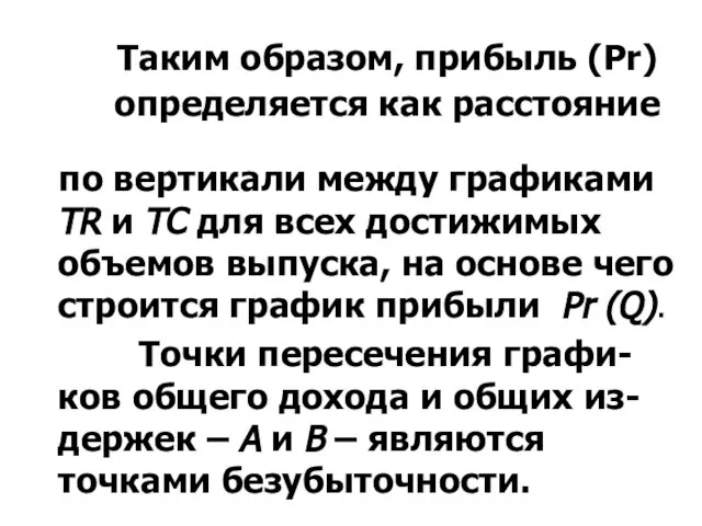 Таким образом, прибыль (Pr) определяется как расстояние по вертикали между графиками