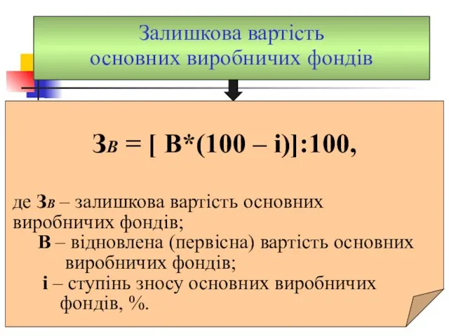 Залишкова вартість основних виробничих фондів ЗВ = [ В*(100 – і)]:100,