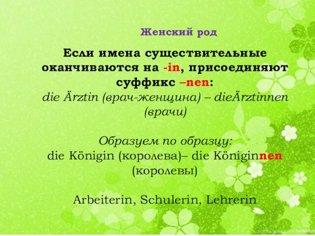 Если имена существительные оканчиваются на -in, присоединяют суффикс –nen: die Ärztin