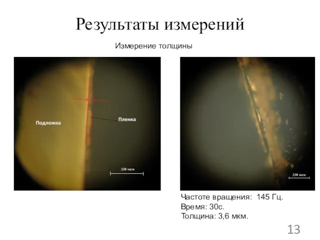 Результаты измерений Измерение толщины Частоте вращения: 145 Гц. Время: 30с. Толщина: 3,6 мкм.