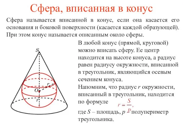 Сфера, вписанная в конус Сфера называется вписанной в конус, если она