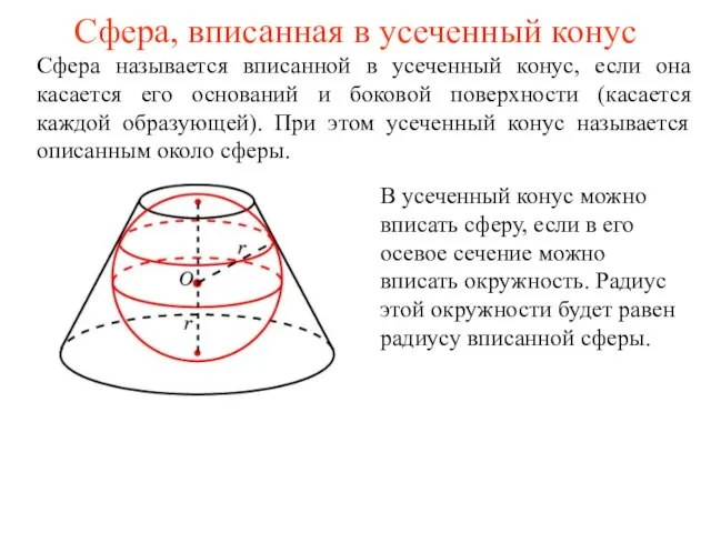 Сфера, вписанная в усеченный конус Сфера называется вписанной в усеченный конус,