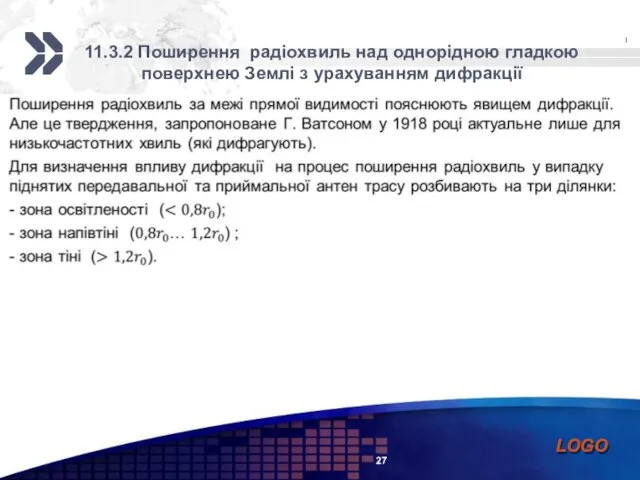 11.3.2 Поширення радіохвиль над однорідною гладкою поверхнею Землі з урахуванням дифракції 27