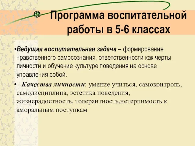 Программа воспитательной работы в 5-6 классах Ведущая воспитательная задача – формирование