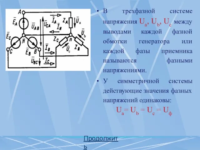 В трехфазной системе напряжения Ua, Ub, Uc между выводами каждой фазной