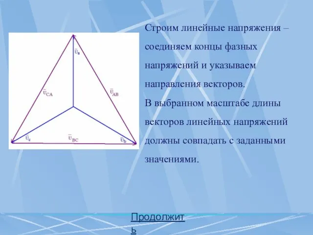 Продолжить Строим линейные напряжения – соединяем концы фазных напряжений и указываем