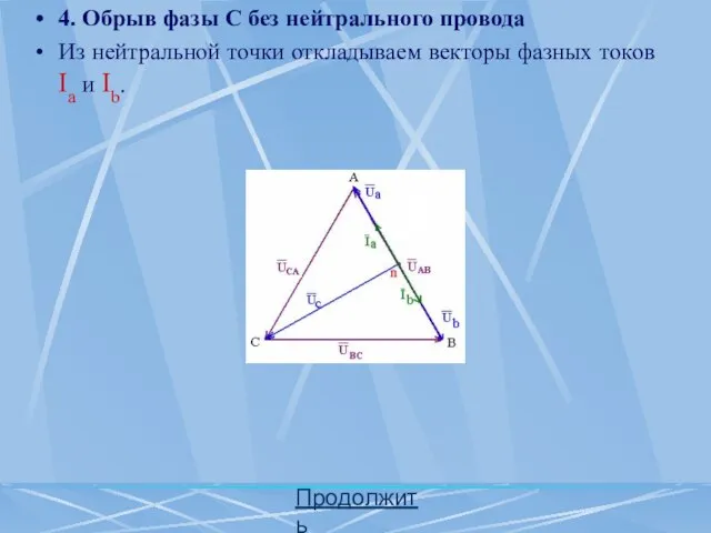 Продолжить 4. Обрыв фазы С без нейтрального провода Из нейтральной точки