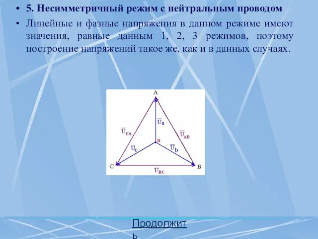 Продолжить 5. Несимметричный режим с нейтральным проводом Линейные и фазные напряжения