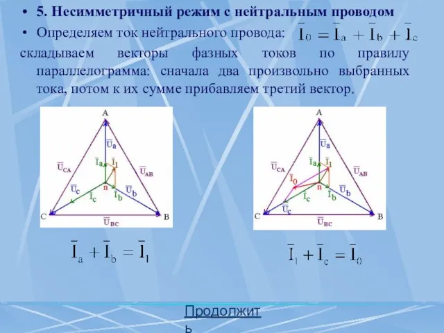 Продолжить 5. Несимметричный режим с нейтральным проводом Определяем ток нейтрального провода: