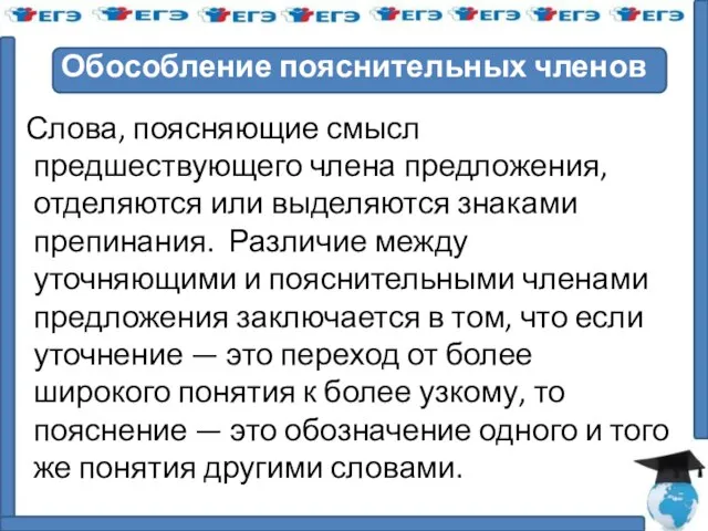 Обособление пояснительных членов Слова, поясняющие смысл предшествующего члена предложения, отделяются или