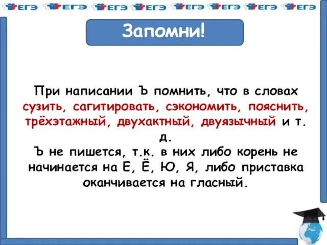 Запомни! При написании Ъ помнить, что в словах сузить, сагитировать, сэкономить,