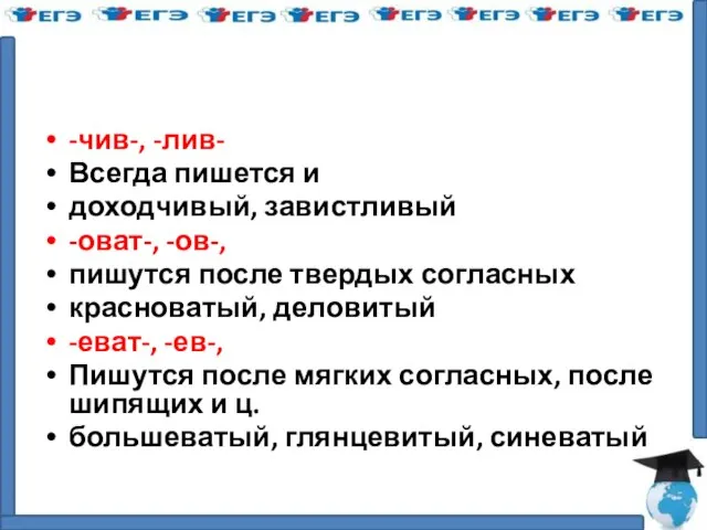 -чив-, -лив- Всегда пишется и доходчивый, завистливый -оват-, -ов-, пишутся после