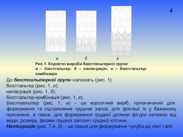 4 а б в Рис.1. Корсетні вироби бюстгальтерної групи: а –