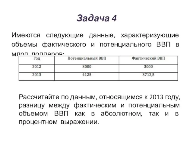 Задача 4 Имеются следующие данные, характеризующие объемы фактического и потенциального ВВП