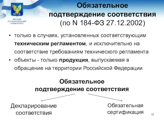 Обязательное подтверждение соответствия (по N 184-ФЗ 27.12.2002) только в случаях, установленных