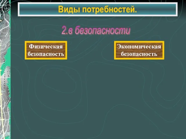 Виды потребностей. 2.в безопасности Физическая безопасность Экономическая безопасность