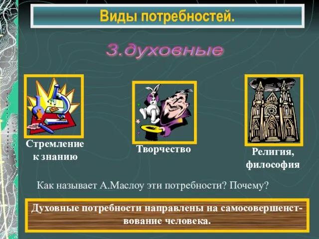 Виды потребностей. 3.духовные Духовные потребности направлены на самосовершенст- вование человека. Как называет А.Маслоу эти потребности? Почему?