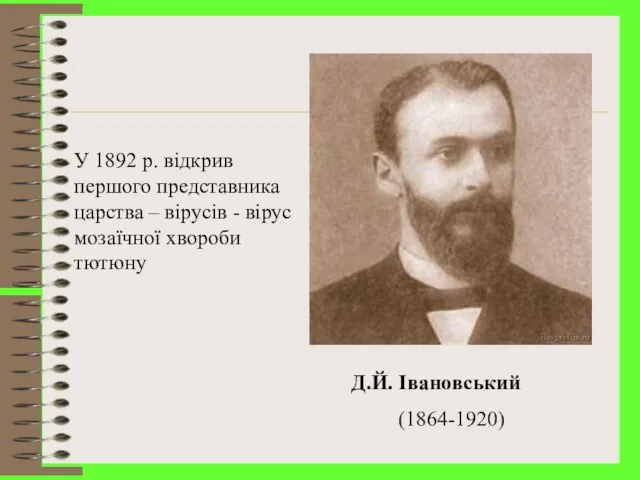 Д.Й. Івановський (1864-1920) У 1892 р. відкрив першого представника царства –