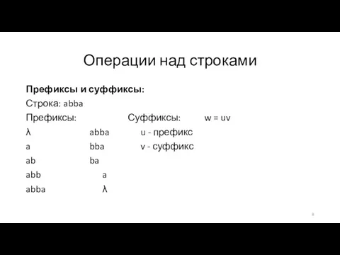 Префиксы и суффиксы: Строка: abba Префиксы: Суффиксы: w = uv λ