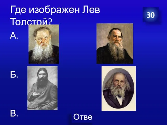 Где изображен Лев Толстой? А. Б. В. Г. 30