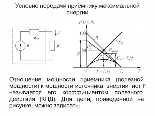 Условие передачи приёмнику максимальной энергии Отношение мощности приемника (полезной мощности) к