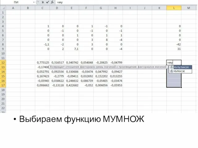 Выбираем функцию МУМНОЖ